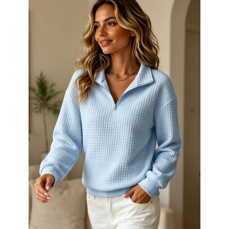 Women's Waffle-Textured Half-Zip Pullover - Blue front view