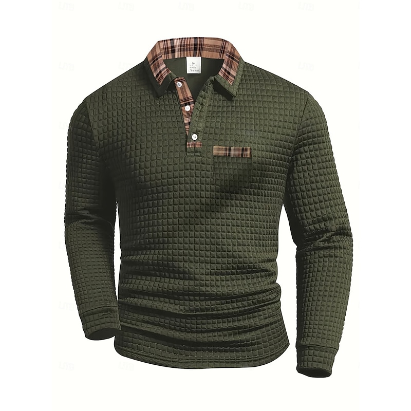 Army Green plaid-trim waffle polo isolated front view