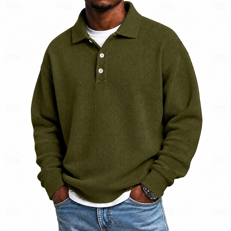 Green loose-fit waffle polo front view