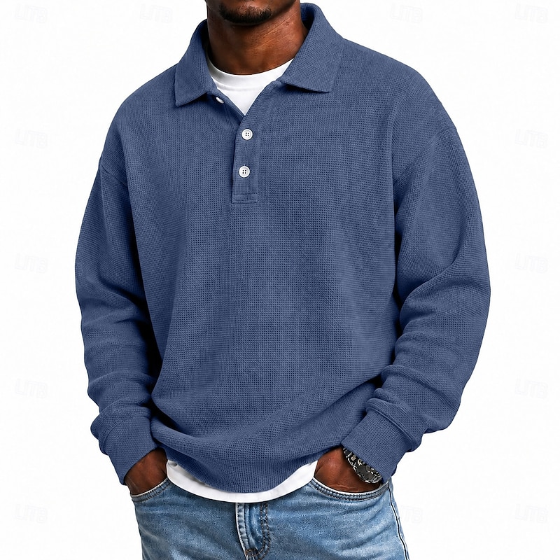 Dark Blue loose-fit waffle polo front view