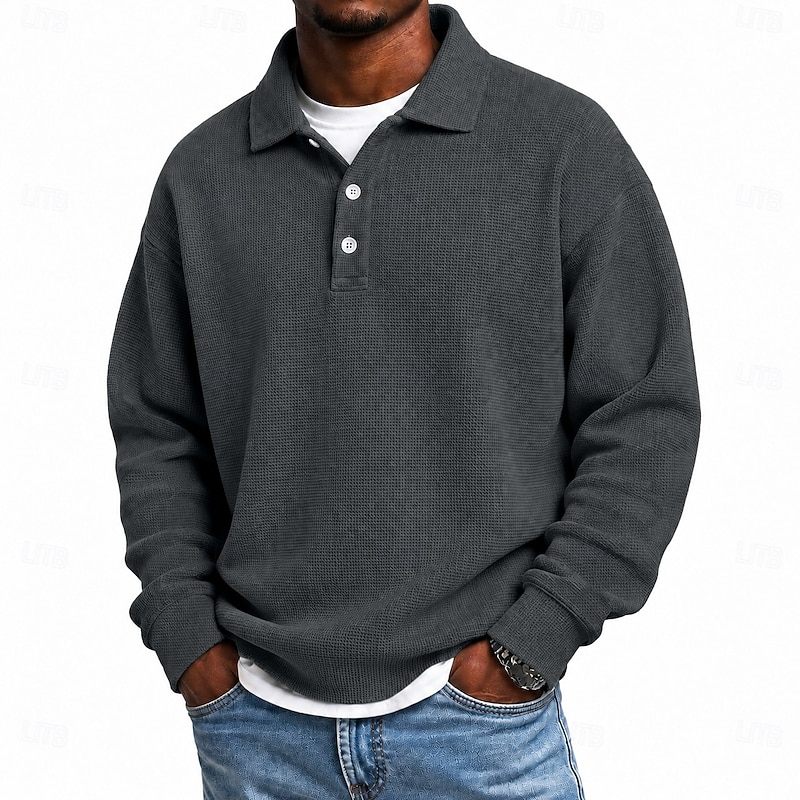 Dark Grey loose-fit waffle polo front view