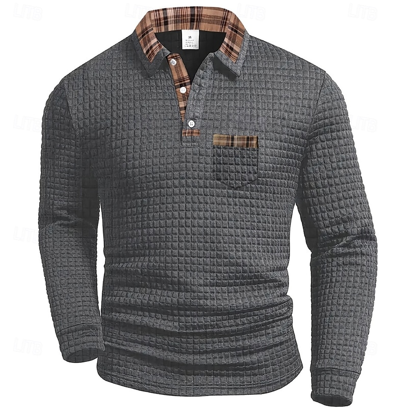Gray plaid-trim waffle polo isolated front view