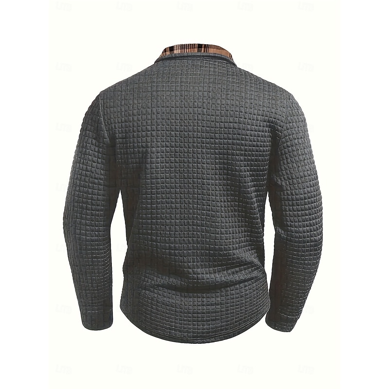 Gray plaid-trim waffle polo back view