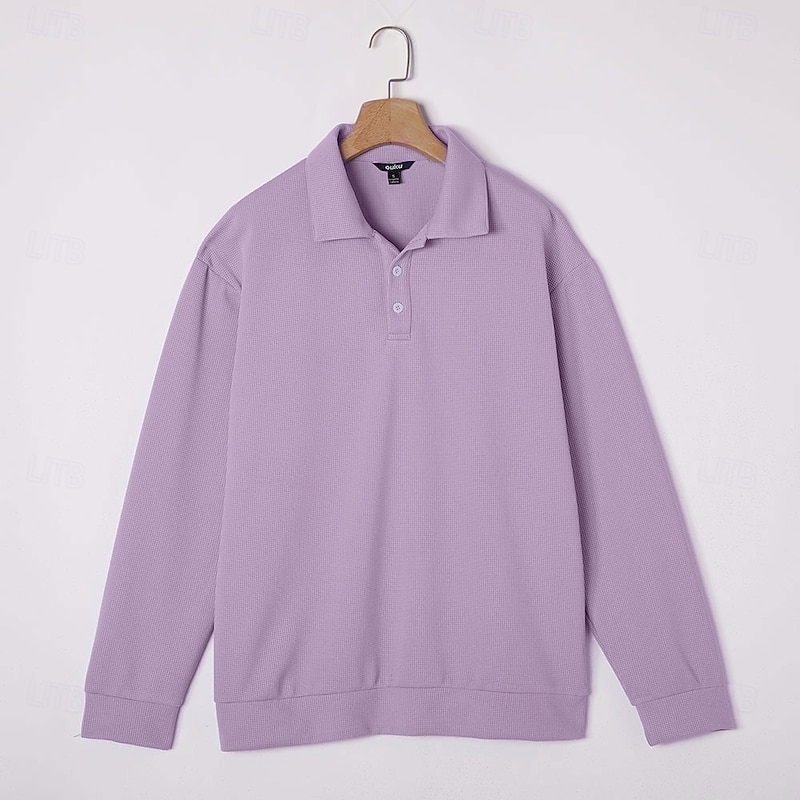 Purple waffle polo hanging front view