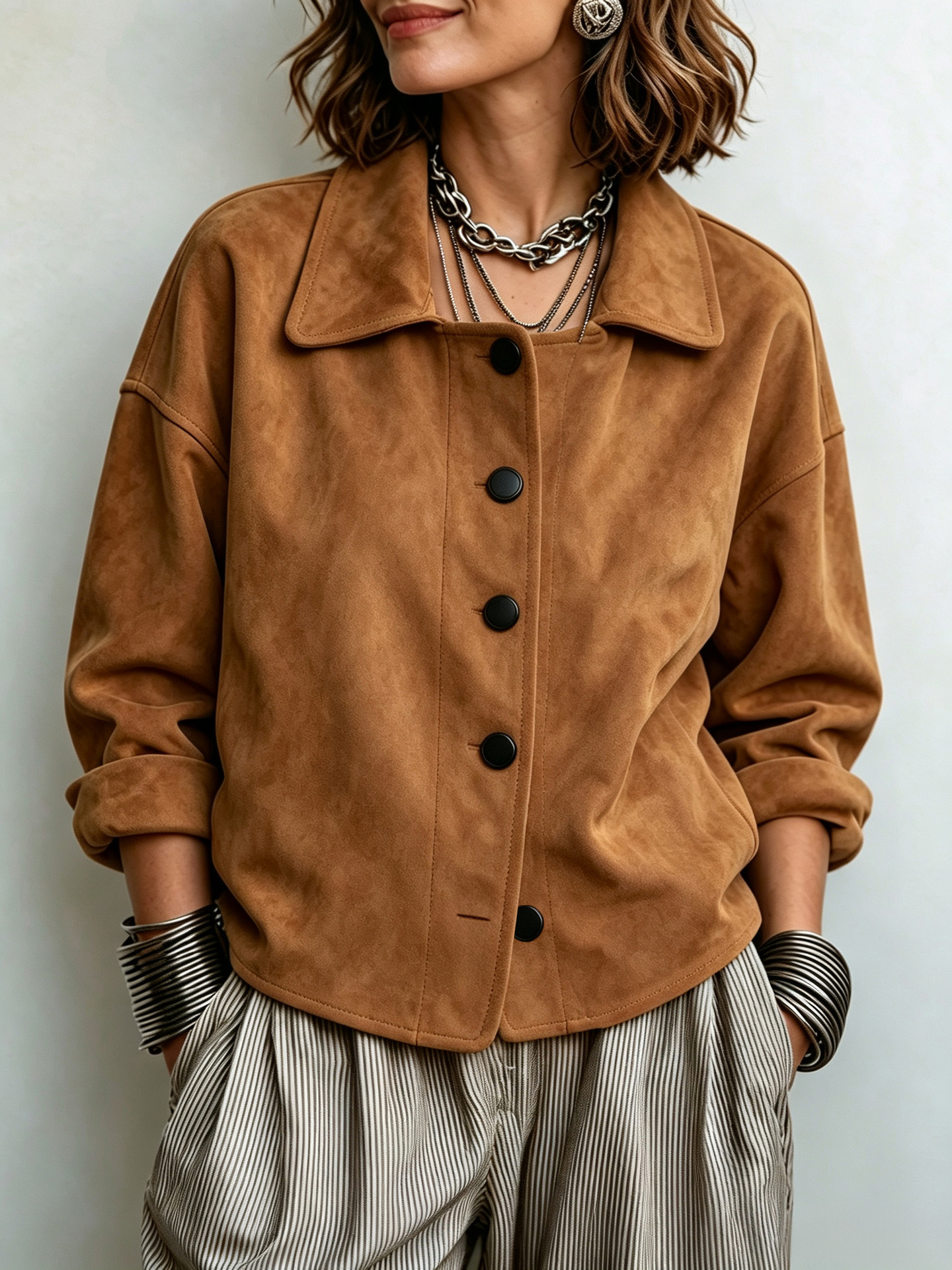 2026 Women's Vintage Suede-Look Lapel Long-Sleeve Button Jacket - Light Brown