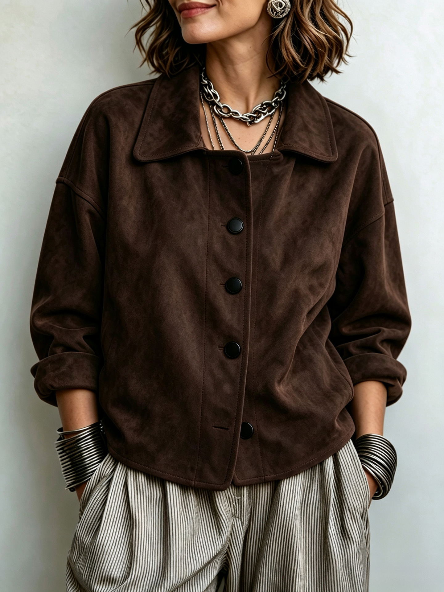 2026 Women's Vintage Suede-Look Lapel Long-Sleeve Button Jacket - Dark Brown