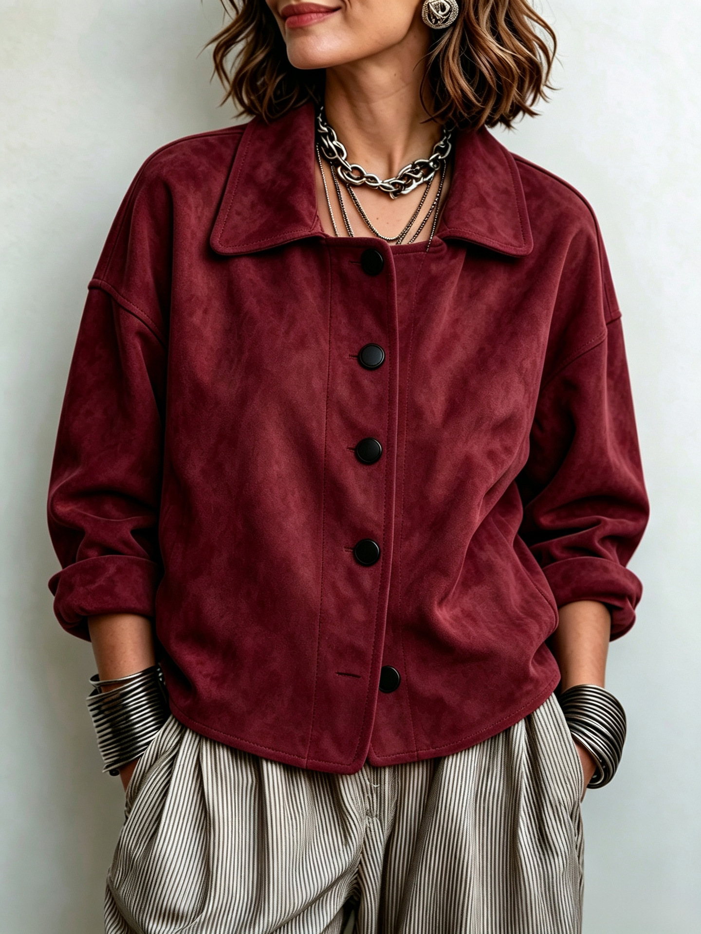 2026 Women's Vintage Suede-Look Lapel Long-Sleeve Button Jacket - Burgundy
