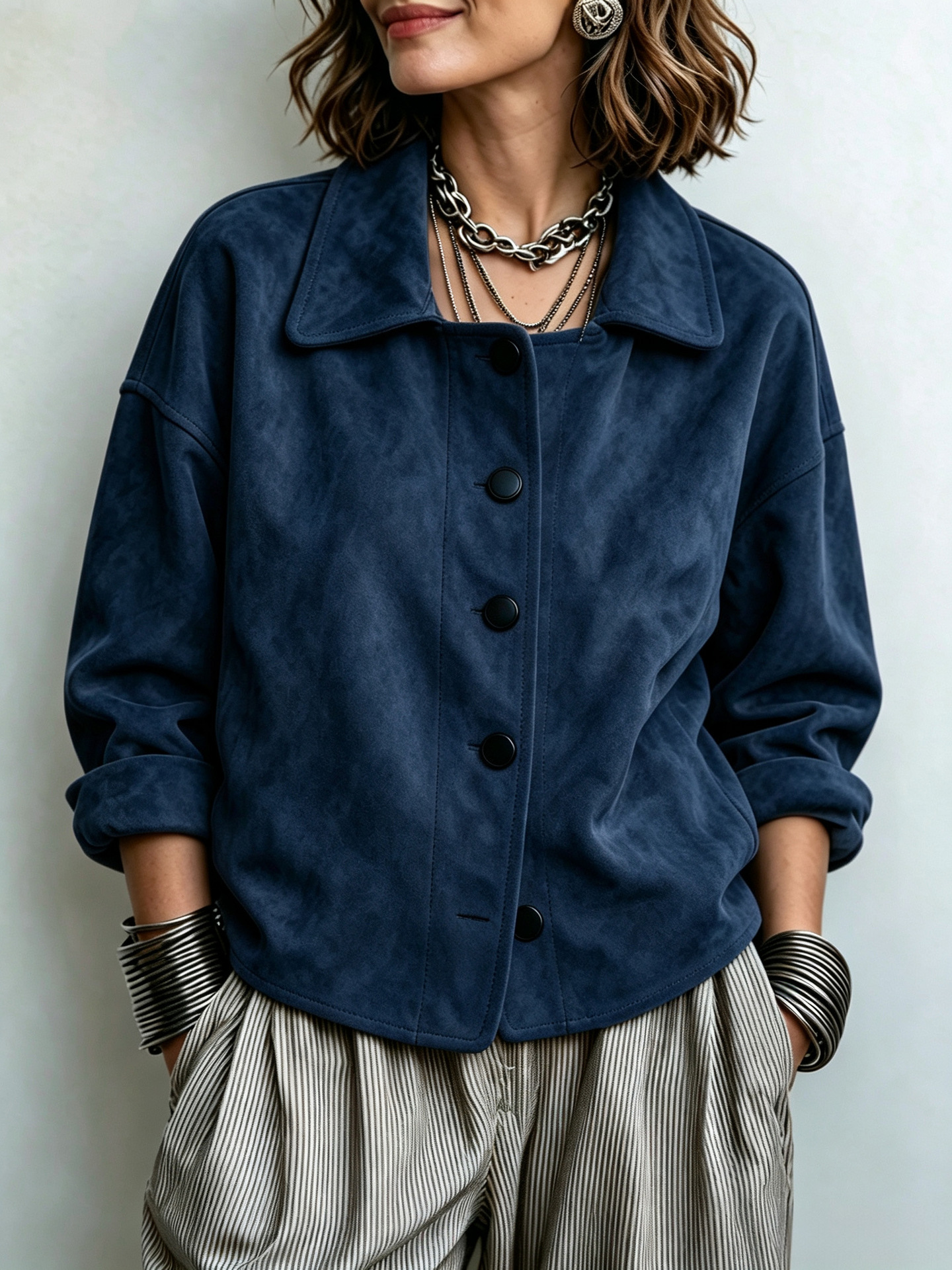 2026 Women's Vintage Suede-Look Lapel Long-Sleeve Button Jacket - Navy
