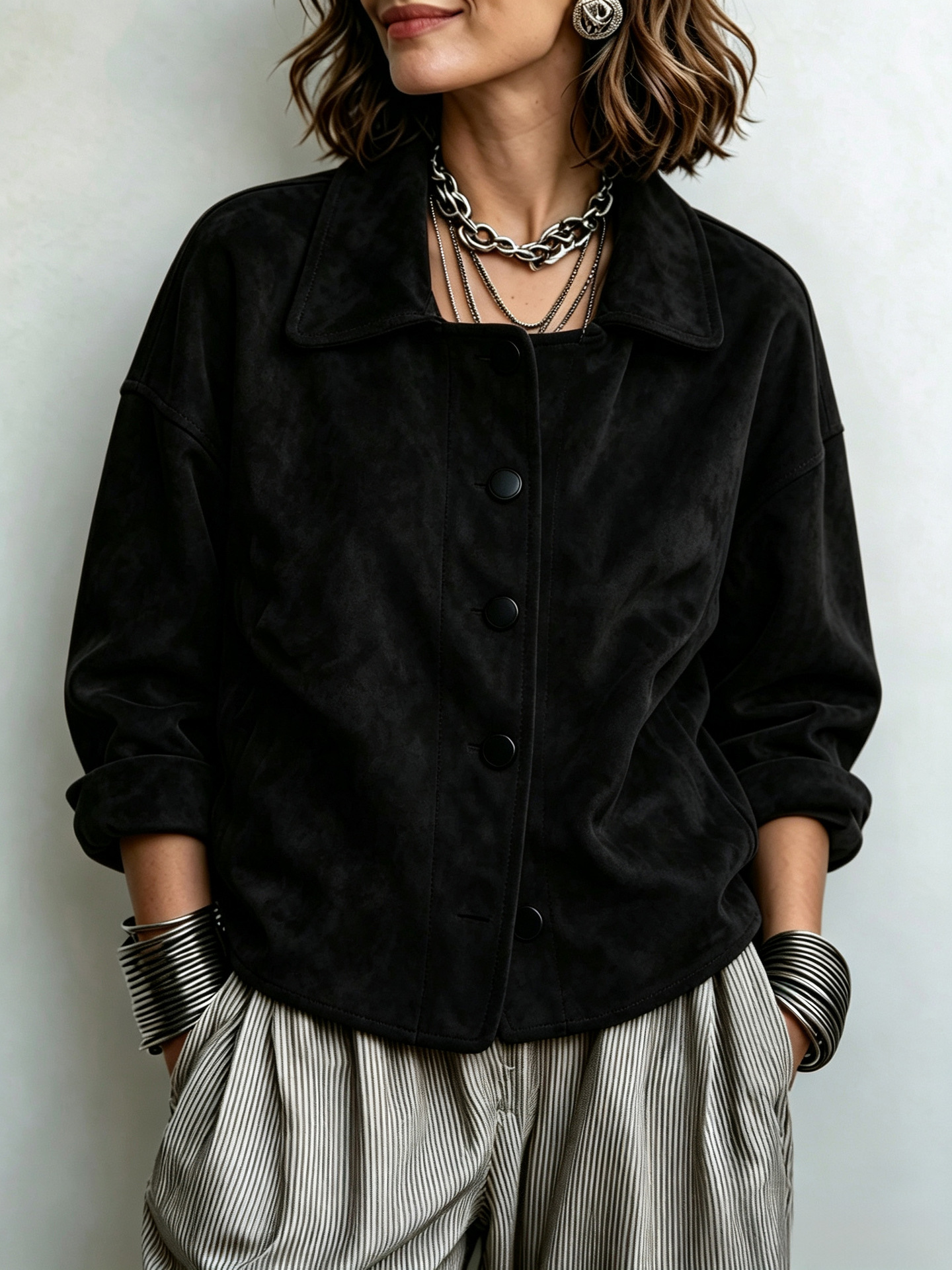 2026 Women's Vintage Suede-Look Lapel Long-Sleeve Button Jacket - Black