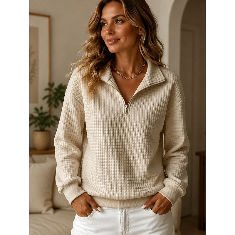Women's Waffle-Textured Half-Zip Pullover - Beige front view