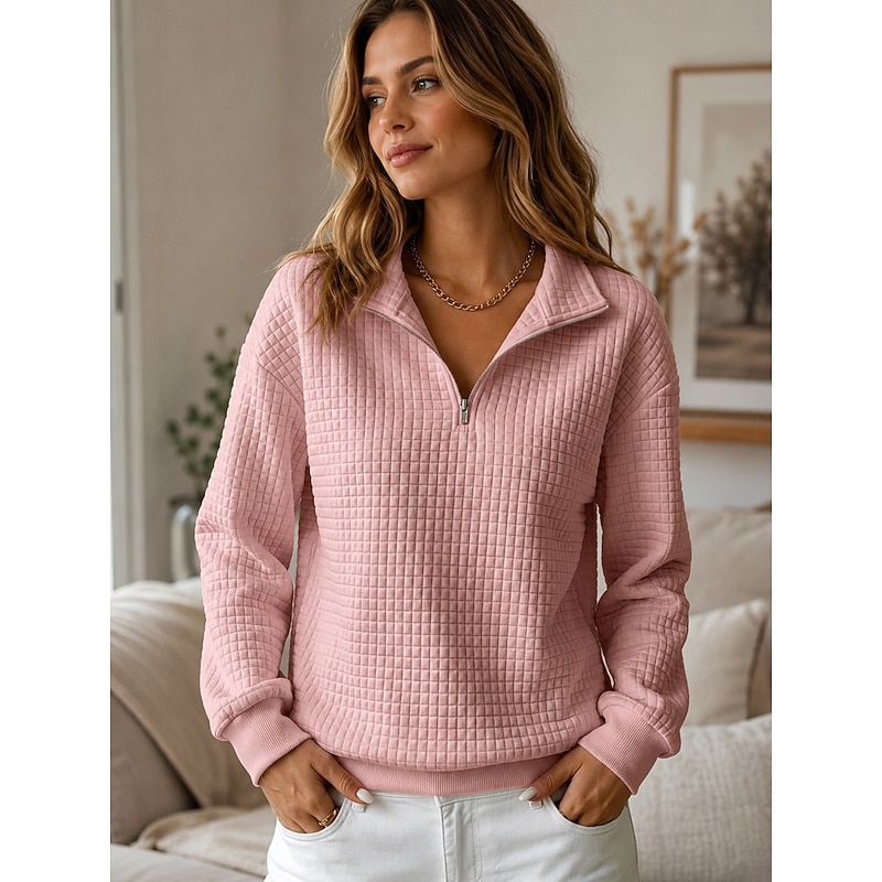 Women's Waffle-Textured Half-Zip Pullover - Pink alternate front view