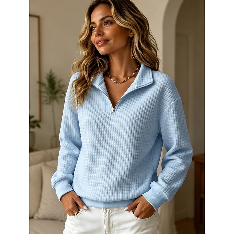 Women's Waffle-Textured Half-Zip Pullover - Blue three-quarter view