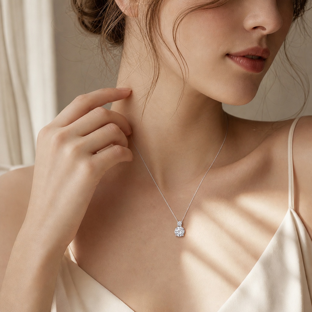 VFeather 3.0 CT Round Moissanite Pendant Necklace in 18K White Gold-Plated 925 Sterling Silver
