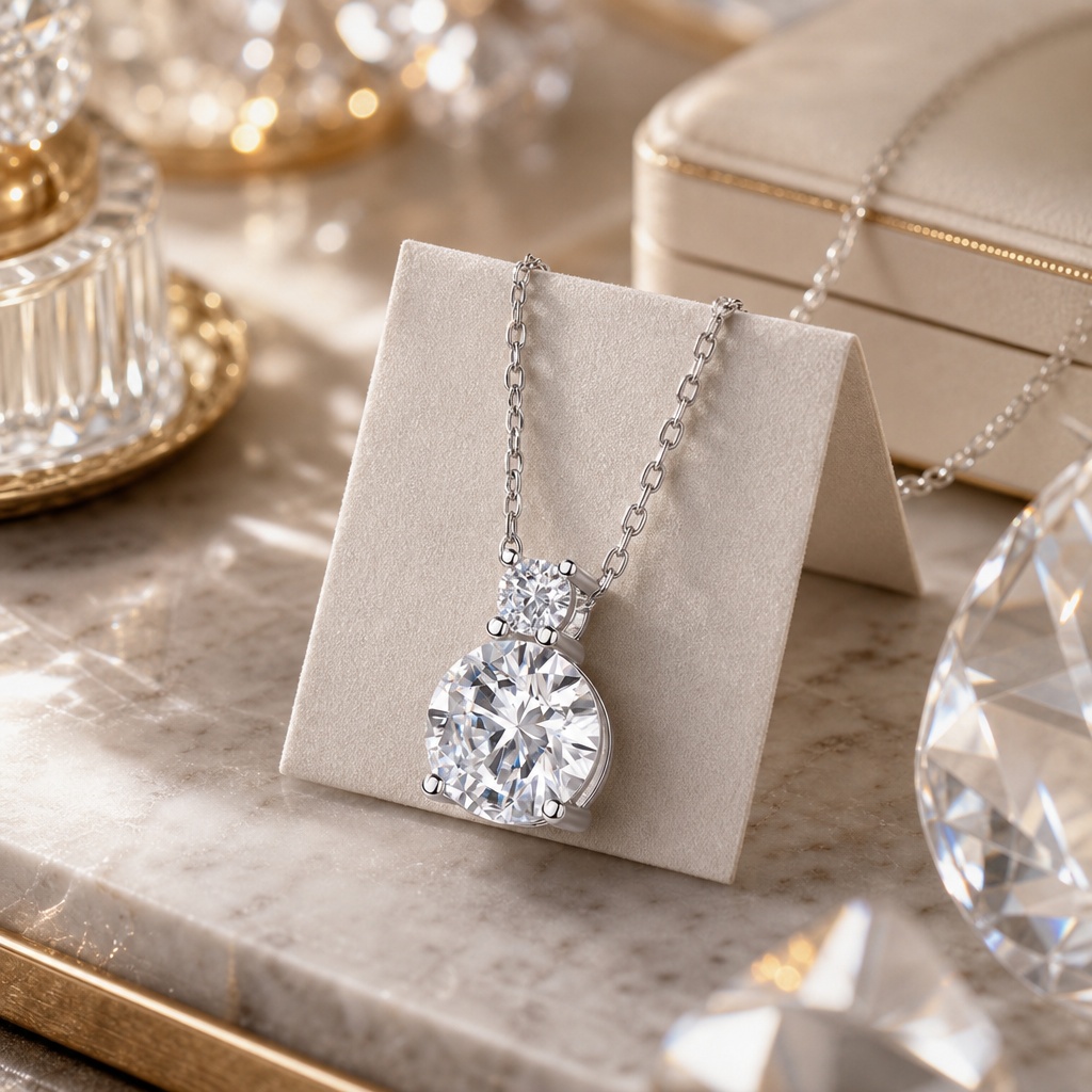 VFeather 3.0 CT Round Moissanite Pendant Necklace in 18K White Gold-Plated 925 Sterling Silver