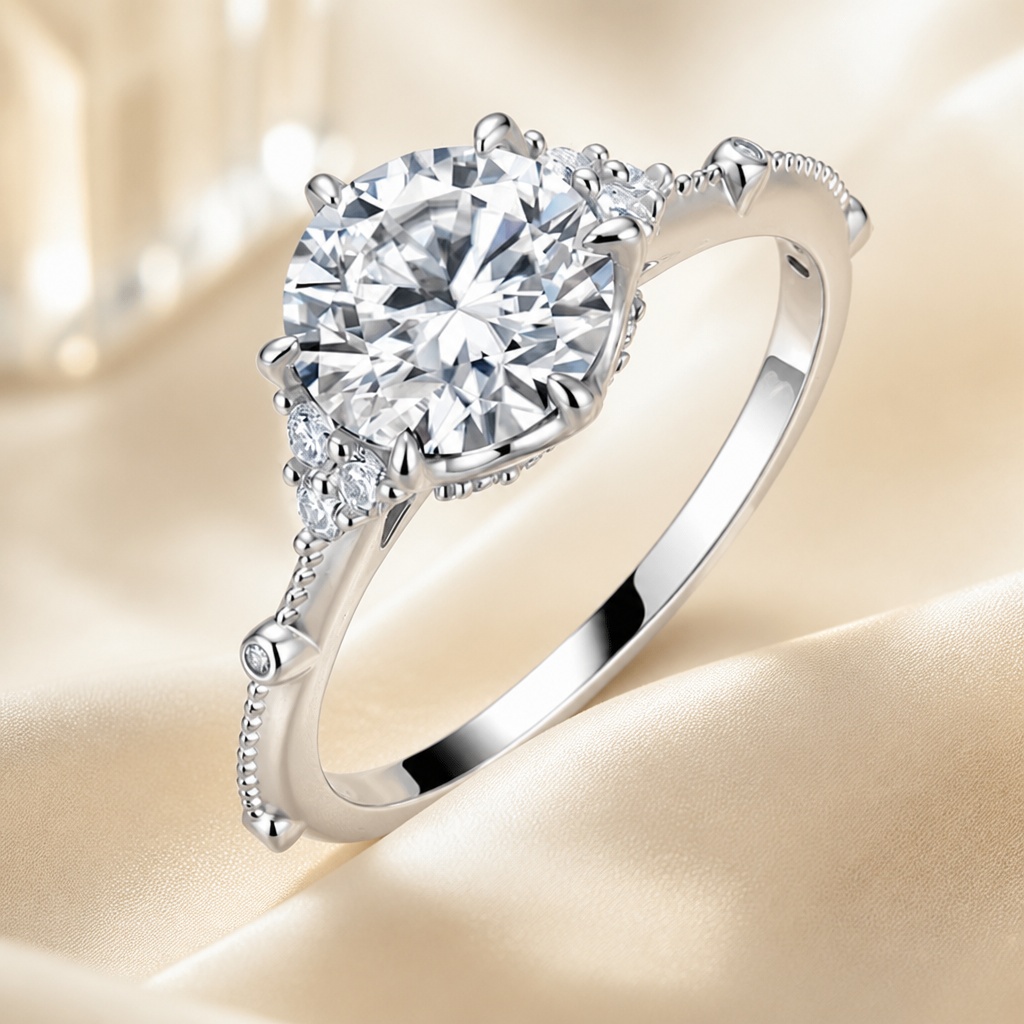 VFeather Dainty 2.2 CTW Round Moissanite Ring in 18K White Gold-Plated 925 Sterling Silver