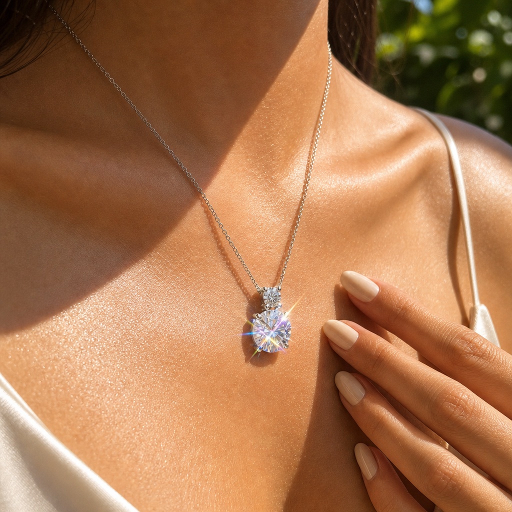 VFeather 3.0 CT Round Moissanite Pendant Necklace in 18K White Gold-Plated 925 Sterling Silver