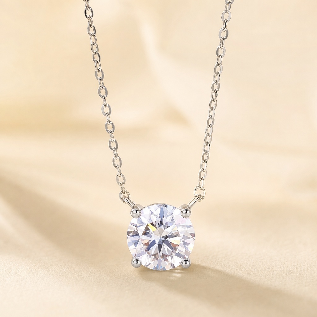 VFeather Dainty Round Moissanite Solitaire Pendant Necklace in 18K White Gold-Plated 925 Sterling Silver