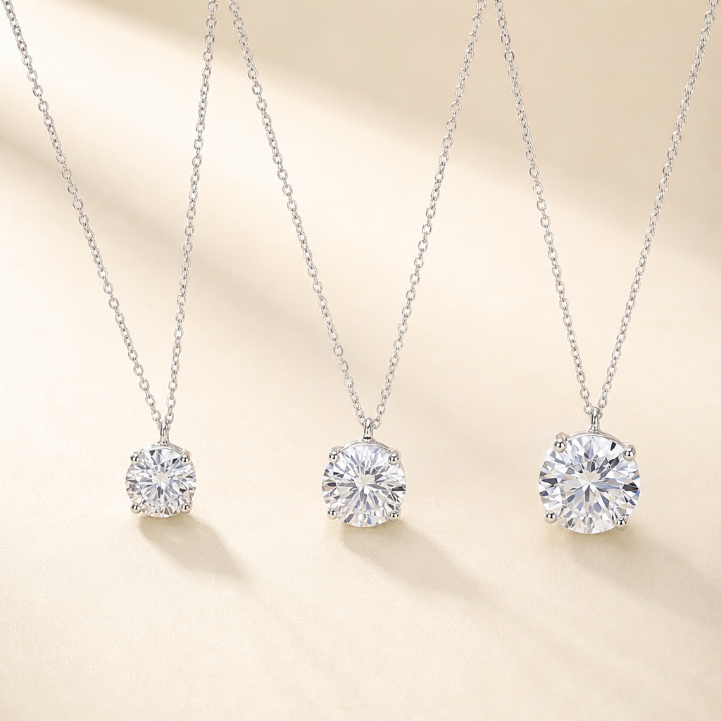 VFeather Dainty Round Moissanite Solitaire Pendant Necklace in 18K White Gold-Plated 925 Sterling Silver