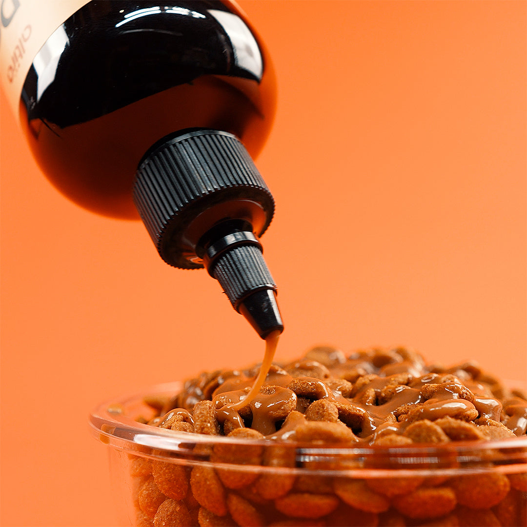 Pouring Altira gravy over a bowl of kibble