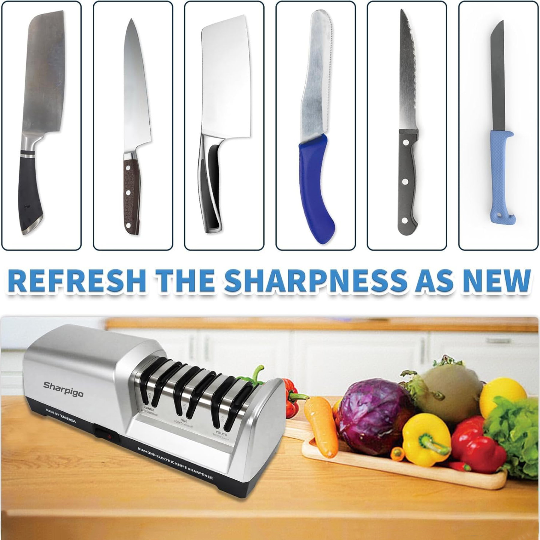 Sharpigo SA60 Pro sharpening different kitchen knife styles