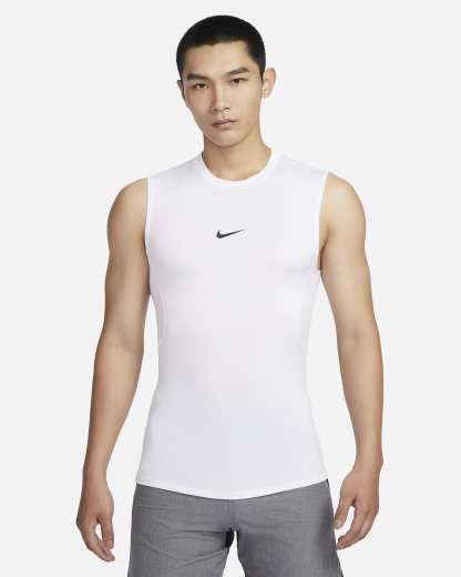 나이키 프로 남성 드라이 핏 타이트 민소매 피트니스 탑 - 화이트/블랙