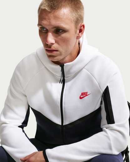 Nike Tech Fleece Windrunner Tam Boy Fermuarlı Erkek Ceketi - Beyaz/Obsidian/Speed Red