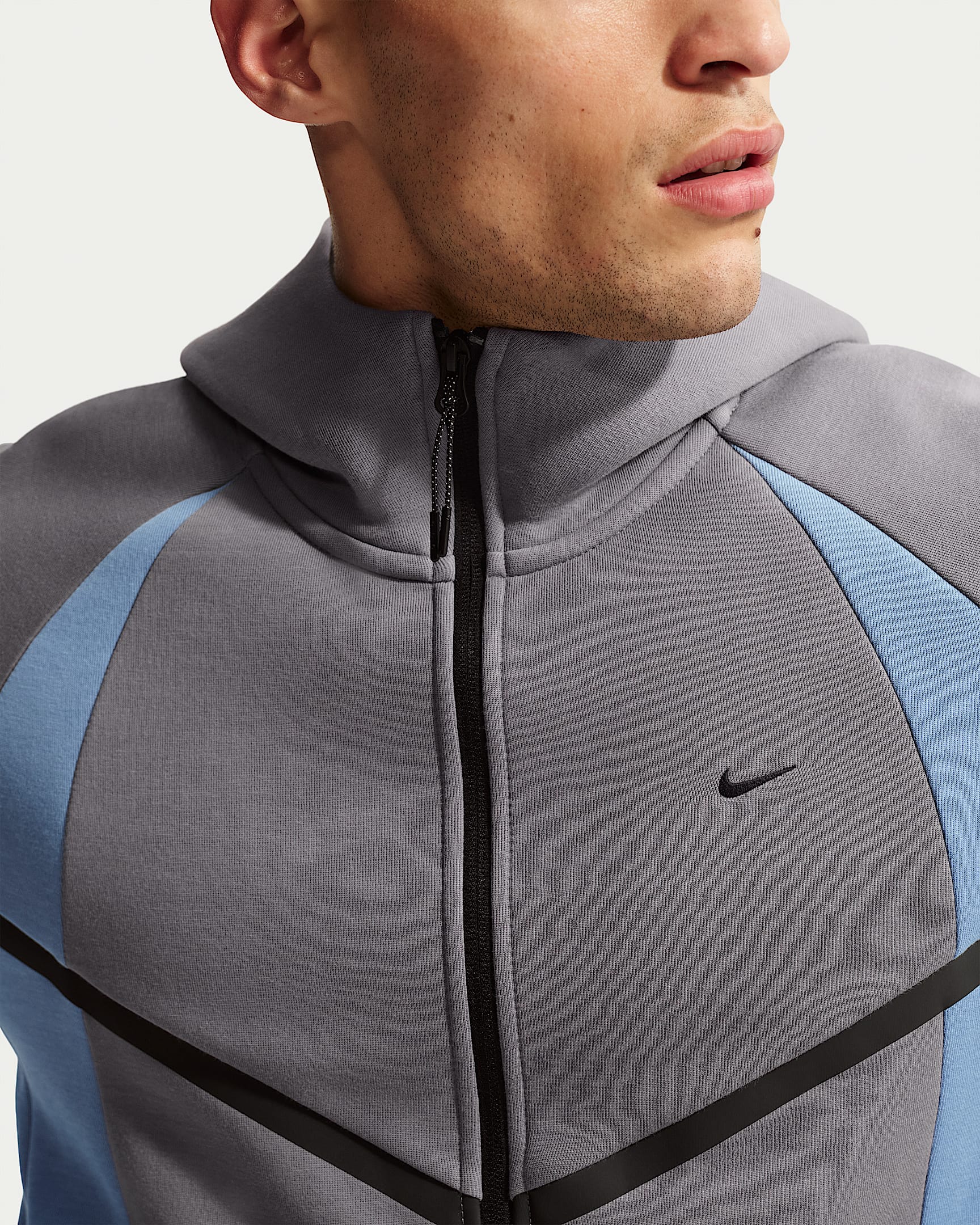 Nike Tech Renk Bloklu Tam Boy Fermuarlı Fleece Windrunner Erkek Ceketi - Pencil Point/Work Blue/Siyah