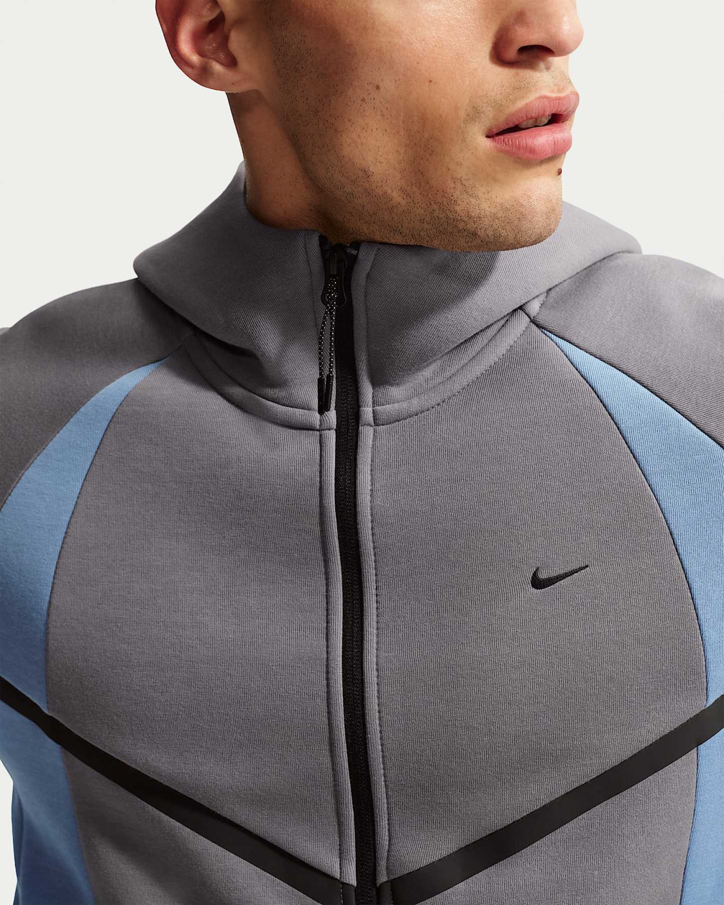 Nike Tech Renk Bloklu Tam Boy Fermuarlı Fleece Windrunner Erkek Ceketi - Pencil Point/Work Blue/Siyah