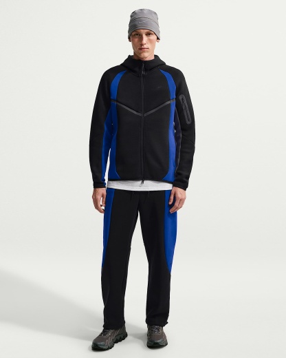 Nike Tech Renk Bloklu Tam Boy Fermuarlı Fleece Windrunner Erkek Ceketi - Siyah/Old Royal/Siyah