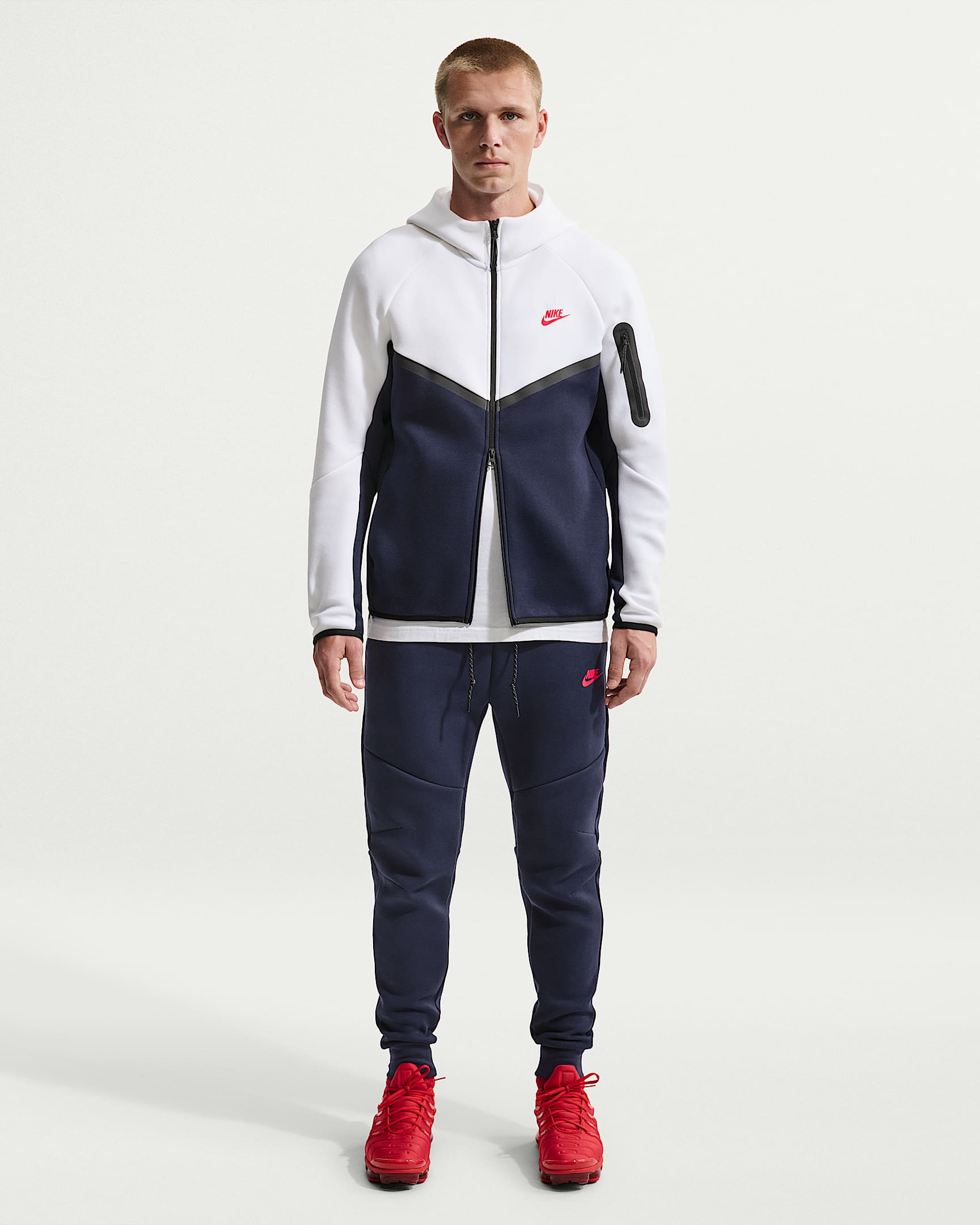 Nike Tech Fleece Windrunner Tam Boy Fermuarlı Erkek Ceketi - Beyaz/Obsidian/Speed Red