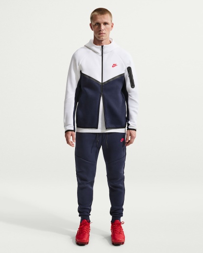 Nike Tech Fleece Windrunner Tam Boy Fermuarlı Erkek Ceketi - Beyaz/Obsidian/Speed Red