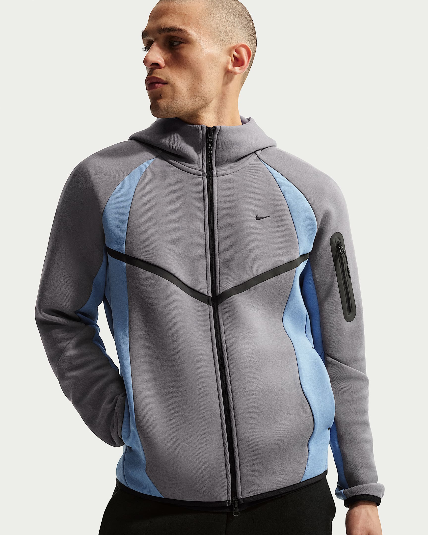 Nike Tech Renk Bloklu Tam Boy Fermuarlı Fleece Windrunner Erkek Ceketi - Pencil Point/Work Blue/Siyah