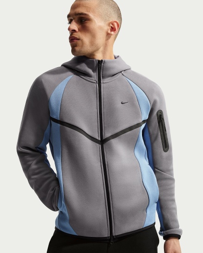 Nike Tech Renk Bloklu Tam Boy Fermuarlı Fleece Windrunner Erkek Ceketi - Pencil Point/Work Blue/Siyah