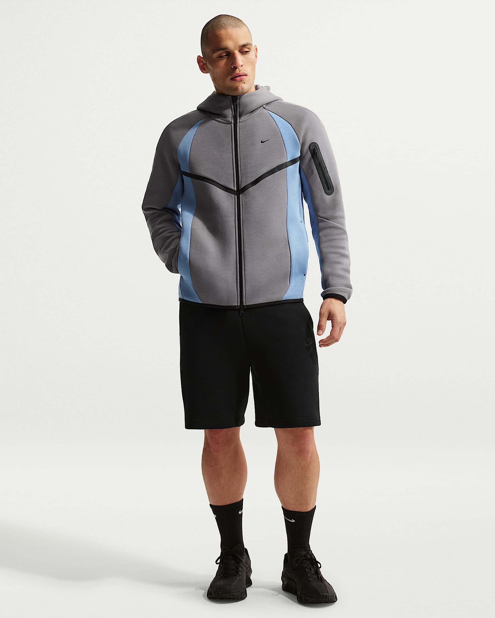 Nike Tech Renk Bloklu Tam Boy Fermuarlı Fleece Windrunner Erkek Ceketi - Pencil Point/Work Blue/Siyah
