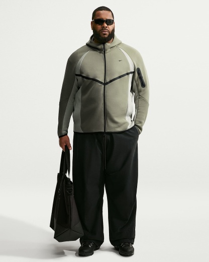 Nike Tech Renk Bloklu Tam Boy Fermuarlı Fleece Windrunner Erkek Ceketi - Silver Sage/Jade Horizon/Siyah
