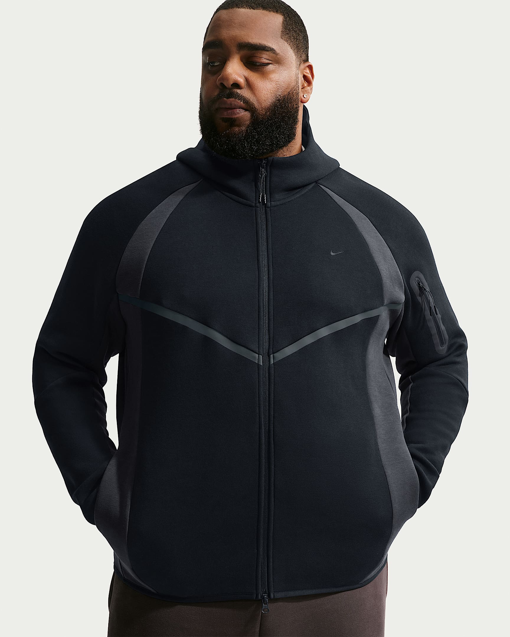 Nike Tech Renk Bloklu Tam Boy Fermuarlı Fleece Windrunner Erkek Ceketi - Siyah/Anthracite/Siyah