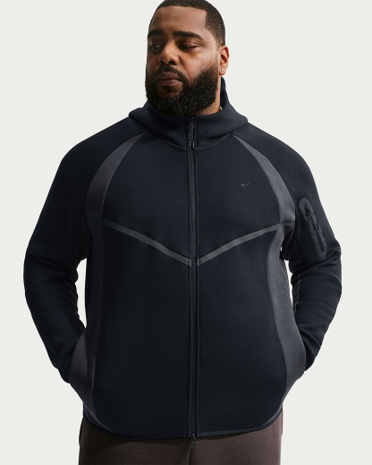 Nike Tech Renk Bloklu Tam Boy Fermuarlı Fleece Windrunner Erkek Ceketi - Siyah/Anthracite/Siyah