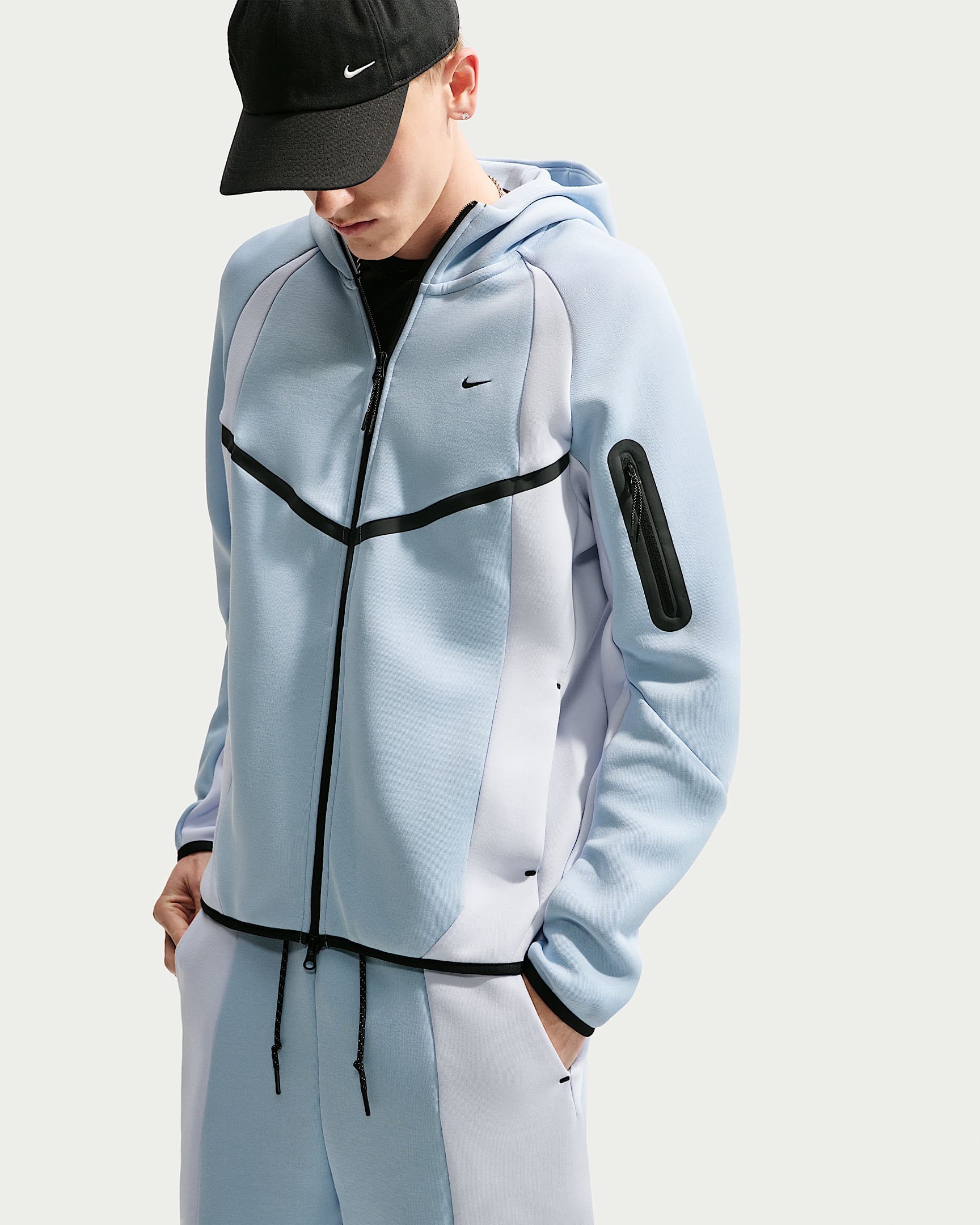 Nike Tech Renk Bloklu Tam Boy Fermuarlı Fleece Windrunner Erkek Ceketi - Light Armory Blue/Football Grey/Siyah