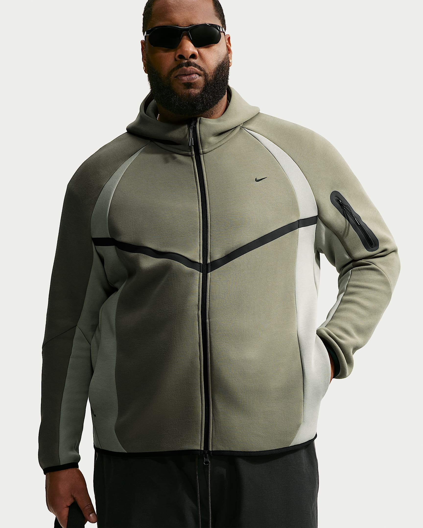 Nike Tech Renk Bloklu Tam Boy Fermuarlı Fleece Windrunner Erkek Ceketi - Silver Sage/Jade Horizon/Siyah