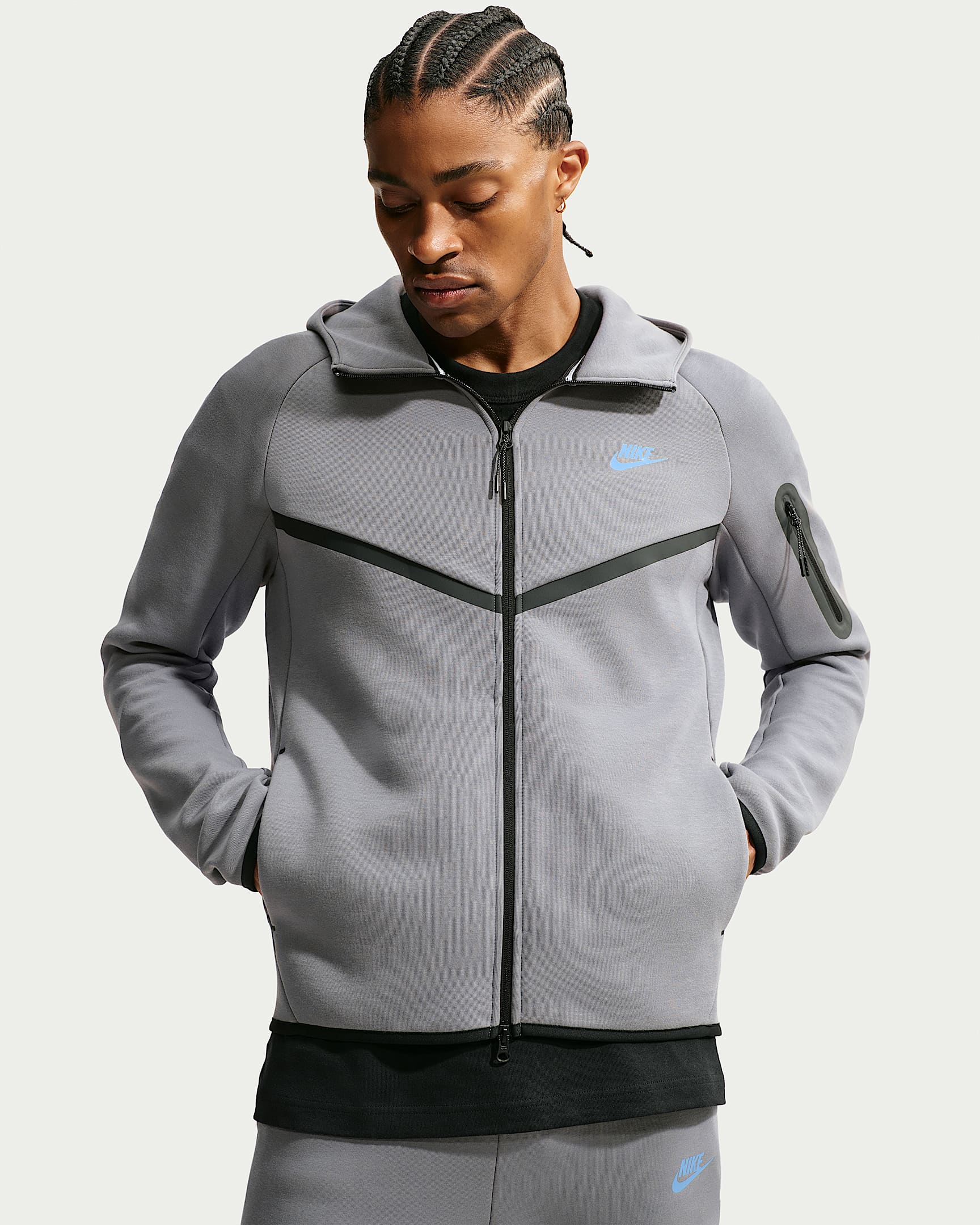 Nike Tech Fleece Windrunner Tam Boy Fermuarlı Erkek Ceketi - Smoke Grey/Football Blue