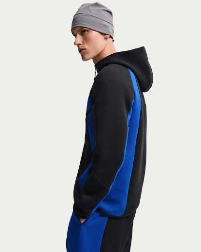 Nike Tech Renk Bloklu Tam Boy Fermuarlı Fleece Windrunner Erkek Ceketi - Siyah/Old Royal/Siyah