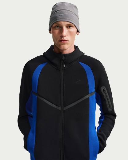 Nike Tech Renk Bloklu Tam Boy Fermuarlı Fleece Windrunner Erkek Ceketi - Siyah/Old Royal/Siyah