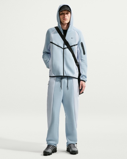 Nike Tech Renk Bloklu Tam Boy Fermuarlı Fleece Windrunner Erkek Ceketi - Light Armory Blue/Football Grey/Siyah