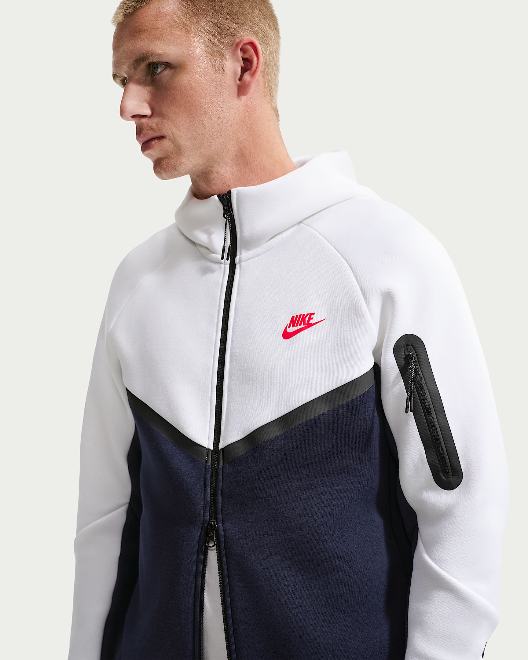 Nike Tech Fleece Windrunner Tam Boy Fermuarlı Erkek Ceketi - Beyaz/Obsidian/Speed Red