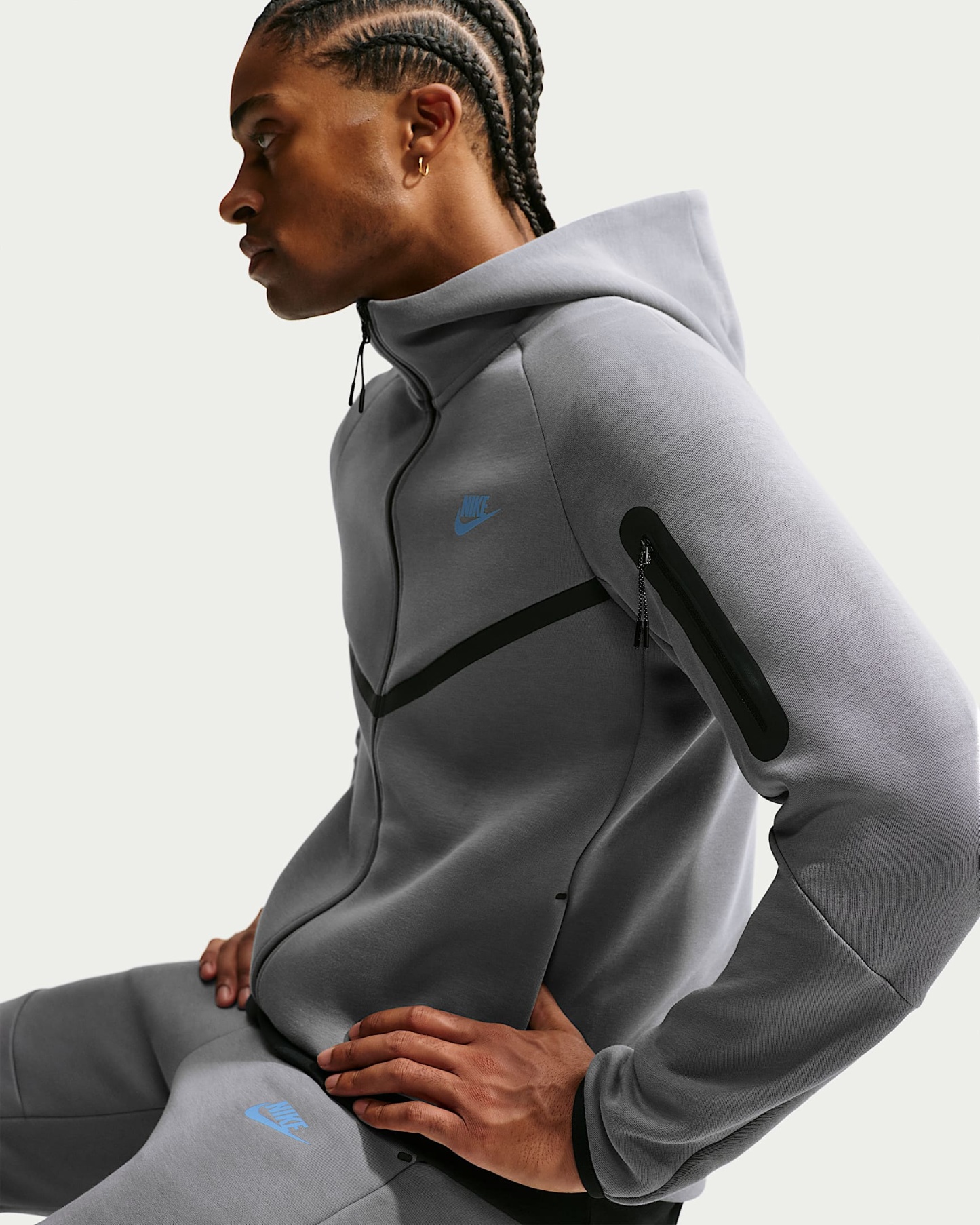 Nike Tech Fleece Windrunner Tam Boy Fermuarlı Erkek Ceketi - Smoke Grey/Football Blue