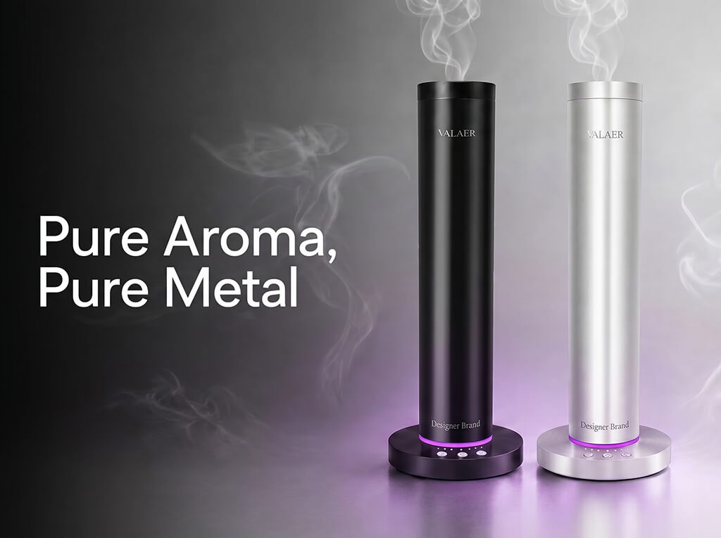 VALAER Aura high-end scent machine full features, specifications, and modern tech design infographic.