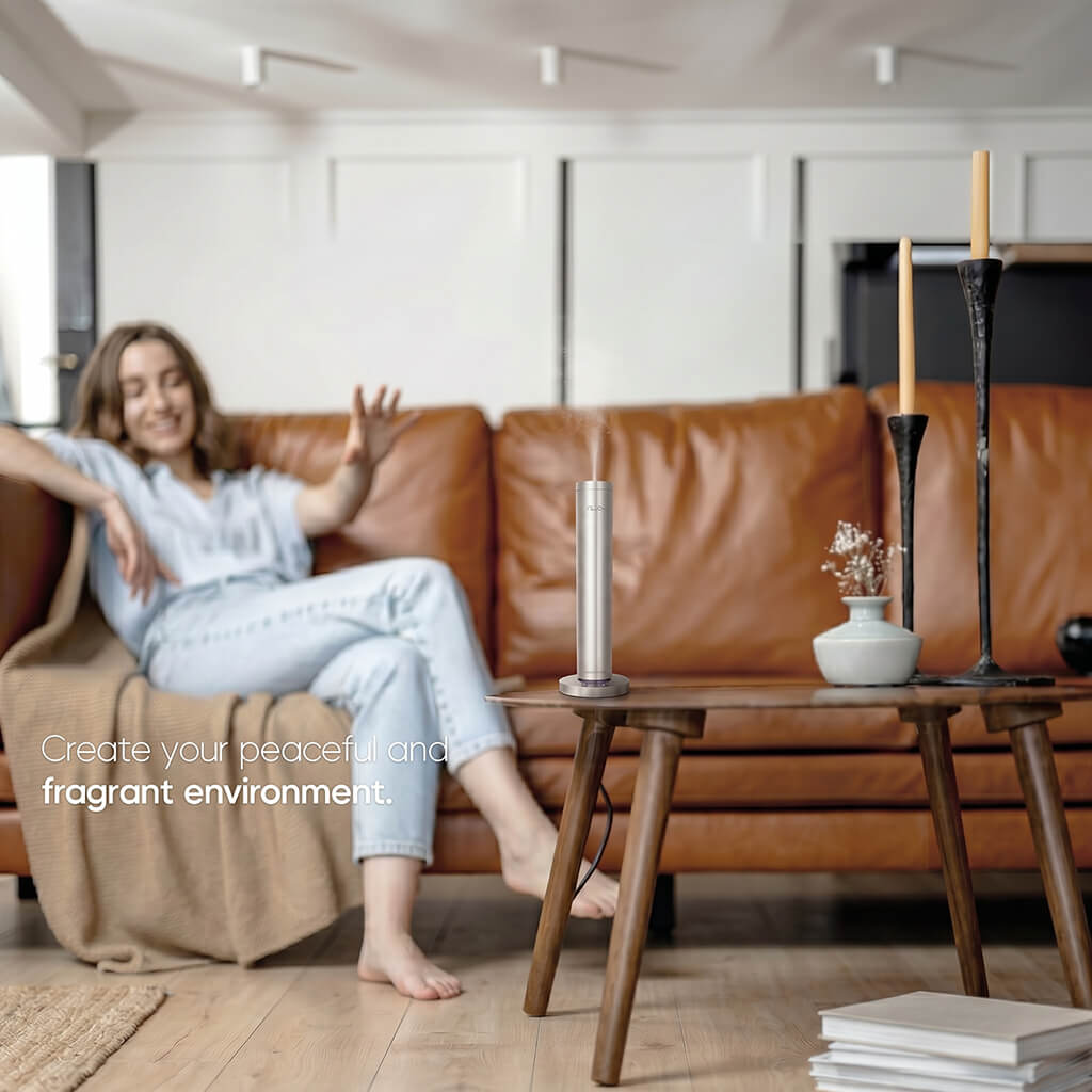 VALAER Aura premium waterless aromatherapy diffuser warming a luxury modern living room.