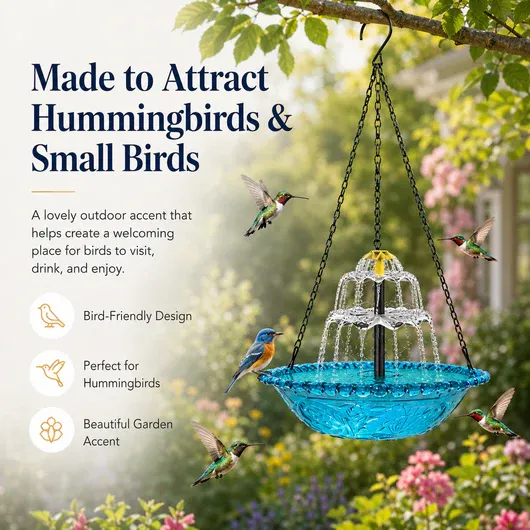 Solar Hanging Bird Bath Fountain for Hummingbirds – Decorative Outdoor Garden Water Feeder Bowl