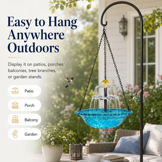 Solar Hanging Bird Bath Fountain for Hummingbirds – Decorative Outdoor Garden Water Feeder Bowl