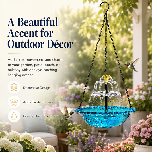 Solar Hanging Bird Bath Fountain for Hummingbirds – Decorative Outdoor Garden Water Feeder Bowl